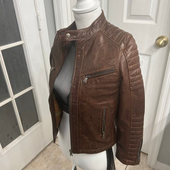 Anzo Cuir Genuine Leather Moto Jacket – Brown (Fits XS–S) Bella sea aesthetic - Picture 2 of 6